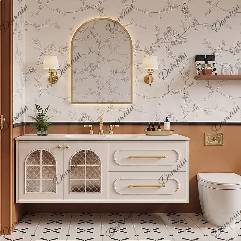 ZL French Retro Wicker Bathroom Vanity Solid Wood Waterproof Ceramic Sink Basin Cabinet
