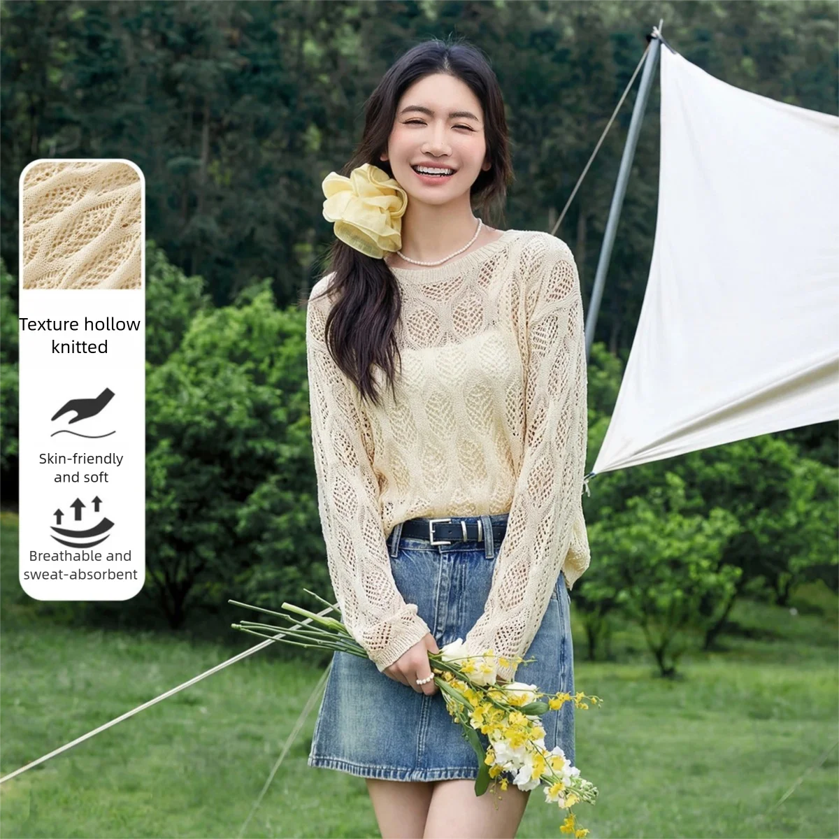 SENTUBILA Women's Simple Crew Neck Knit Top 2026 Summer Textured Hollow Out Design Loose Fit Long Sleeve Pullover W52H58973X