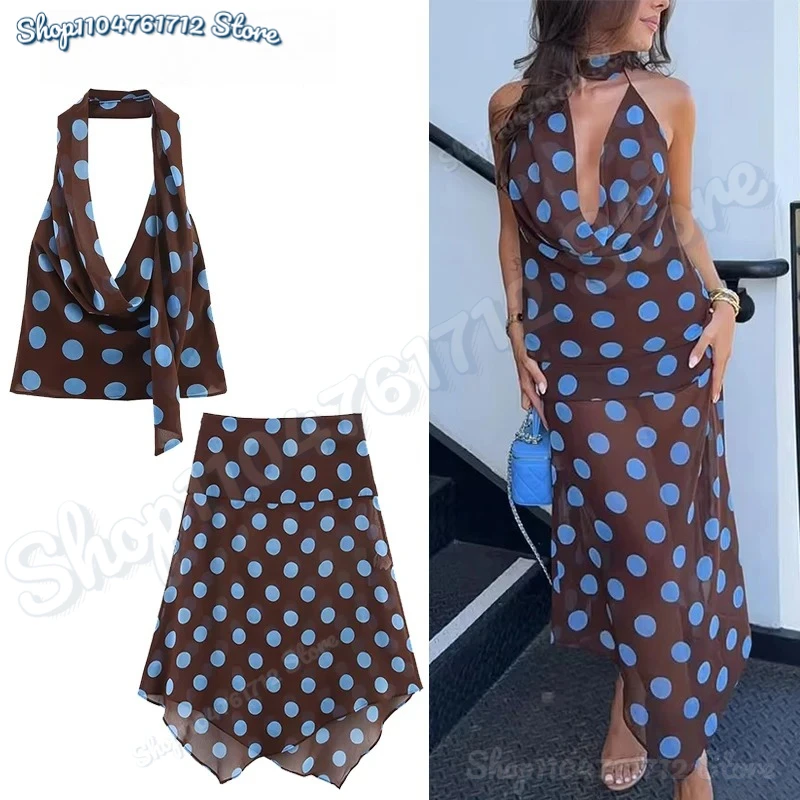 

Polka Dot Printed Midi Skirts Two Piece Sets for Women 2025 Summer Chic Scarf Halter Top Suits Beach Woman 2 Piece Outfits