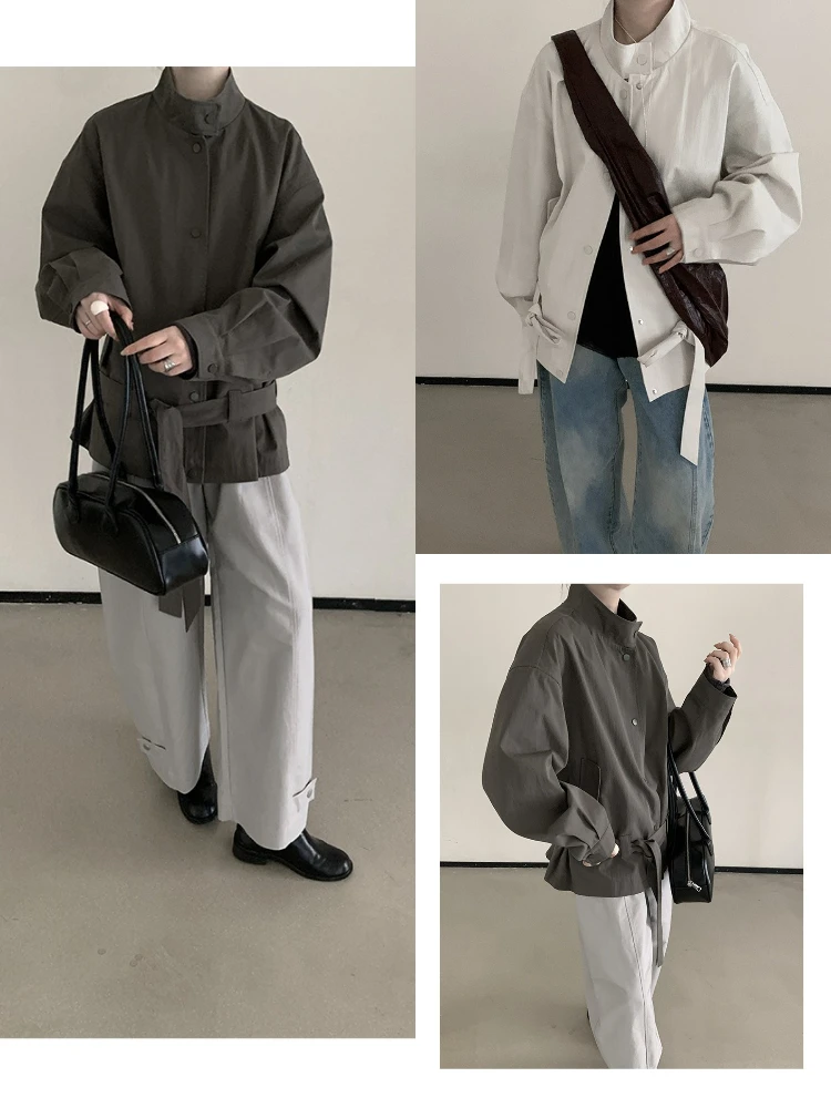 

ort Casual Stand Collar Ribbon Tie Women's Jaet Dongda Gate Sle Spring Autumn Loose Fit Single Button Closure Color