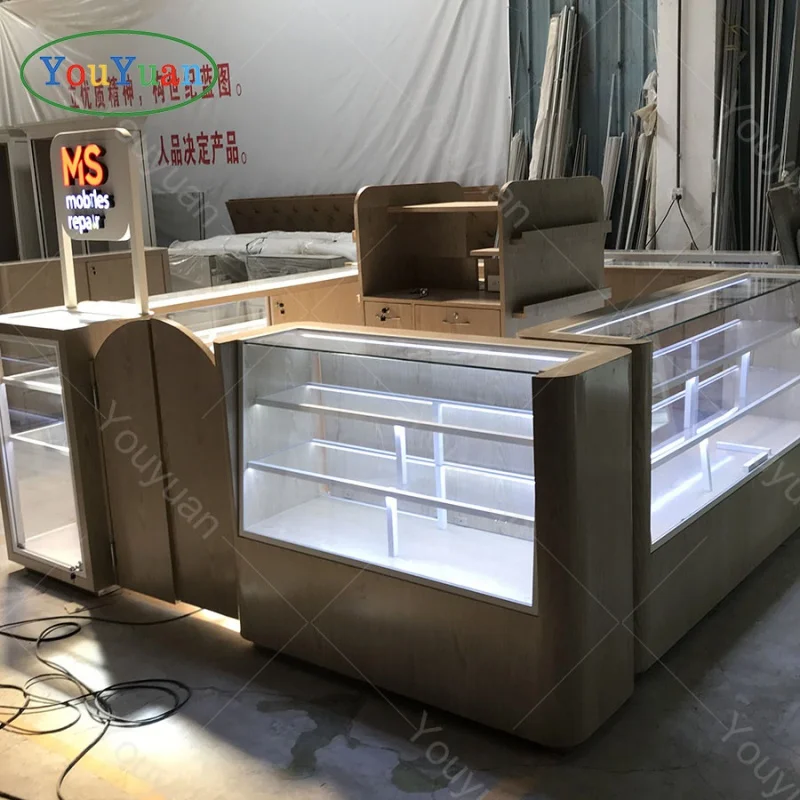 (customized)3d Cell Phone Kiosk Design Mall And Mobile Phone Repair Center Strong Wood Retail Display Cases With LED Light