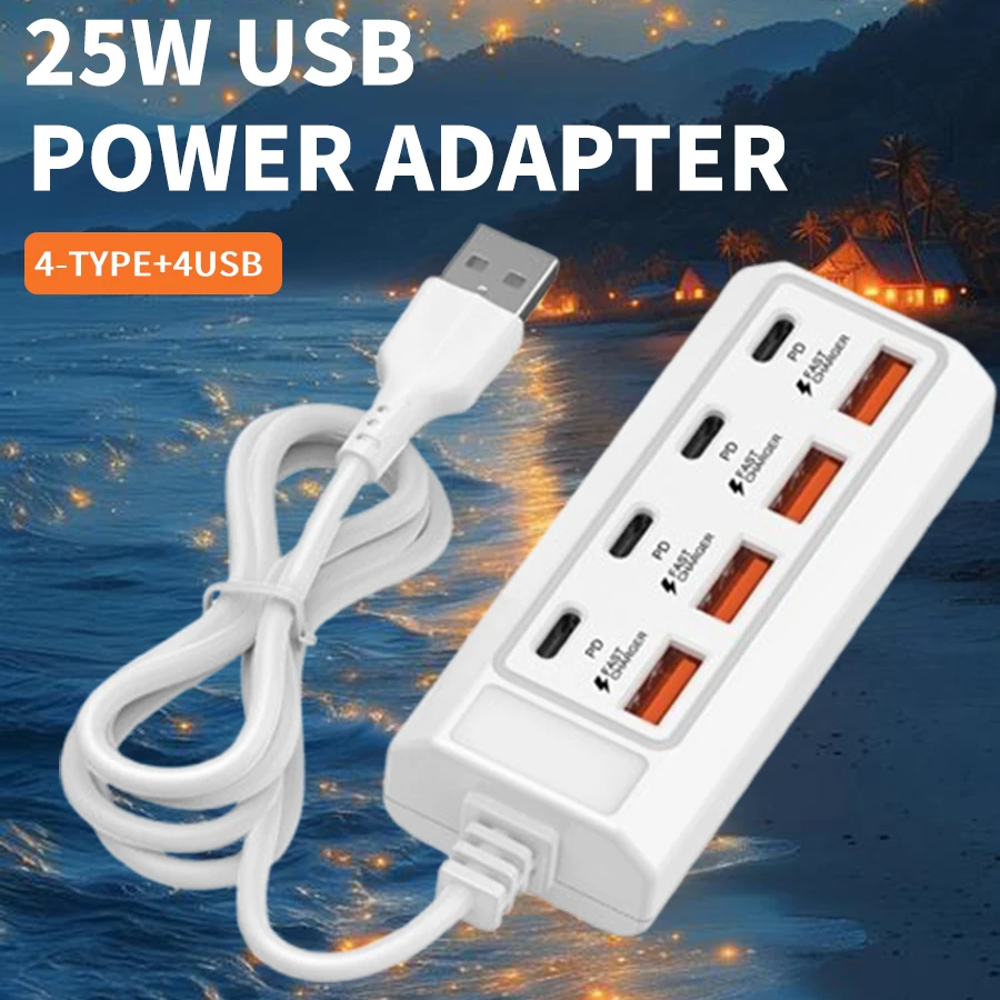 Estación de Carga USB 8 en 1, 25W PD Tipo C, Regleta de Alimentación Multipuerto, Adaptador de Escritorio para iPhone 16, Samsung, Xiaomi, Huawei
