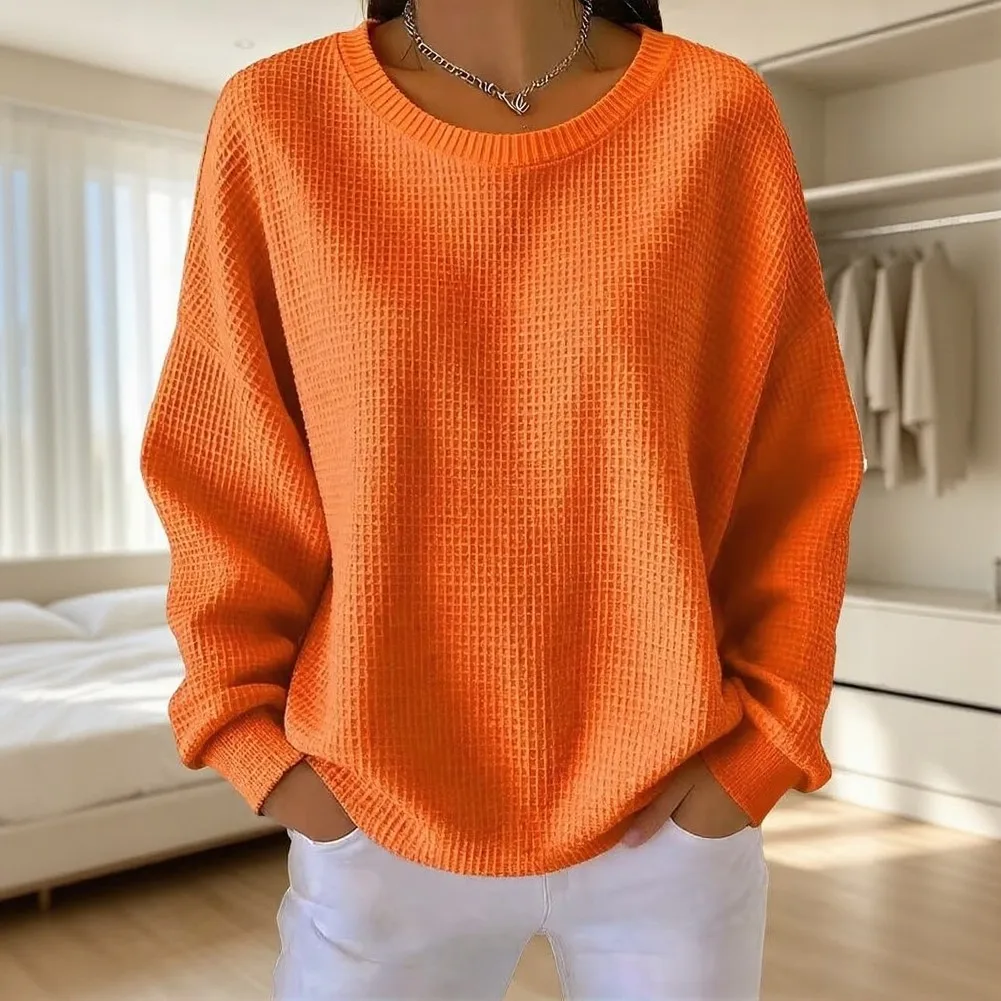 Loose Fit Round Collar Tee Waffle Pullover Tops Full Sleeve Coverage Solid Pattern Style 95 Polyester 5 Spandex