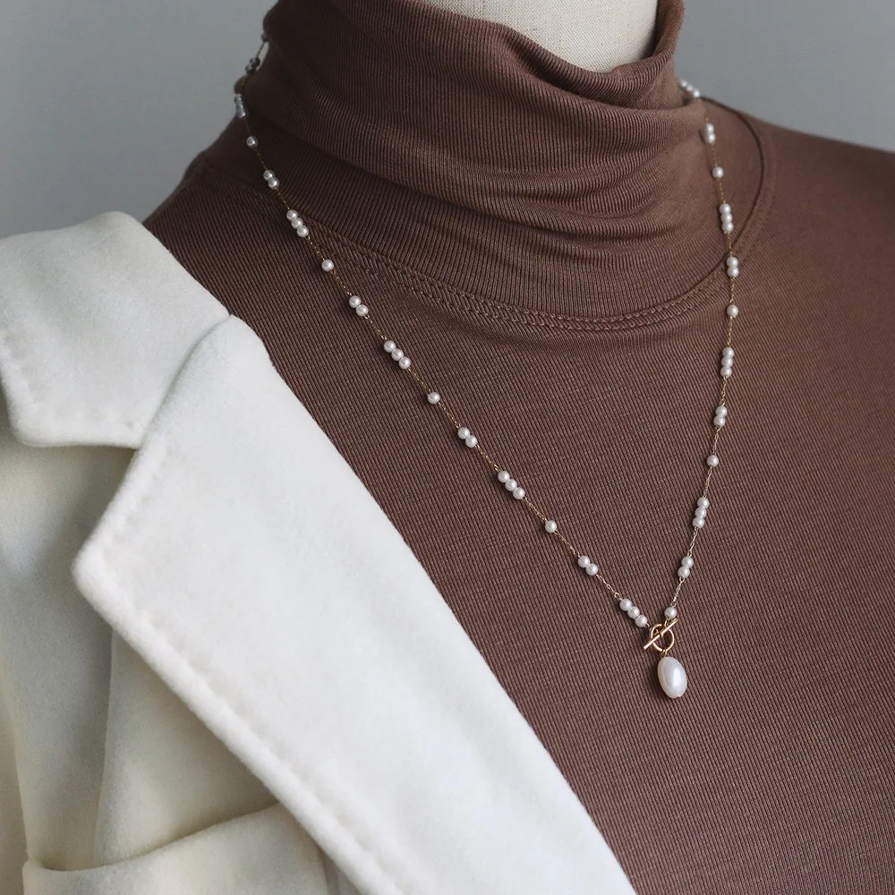 Stainless Steel Long Simulated Pearls Chain Necklace for Women Elegant Natural Baroque Pearl Pendant Necklace Gift