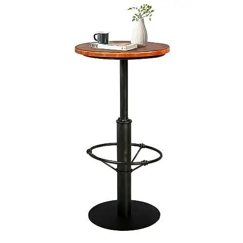 

42 Inch Round Bar Table Featuring Natural Wood Surface And Matte Black Industrial Metal Structure