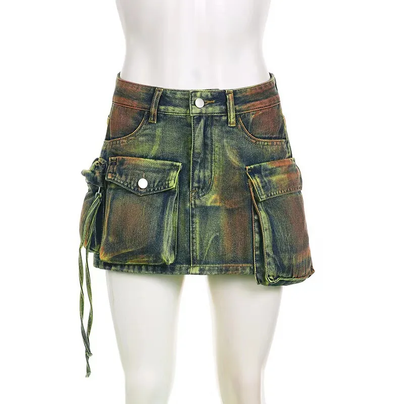 Make-older dreidimensionaler Jeansrock mit mehreren Taschen und hoher Taille. Neuer asymmetrischer, lässiger A-Linien-Minirock für Damen im Sommer