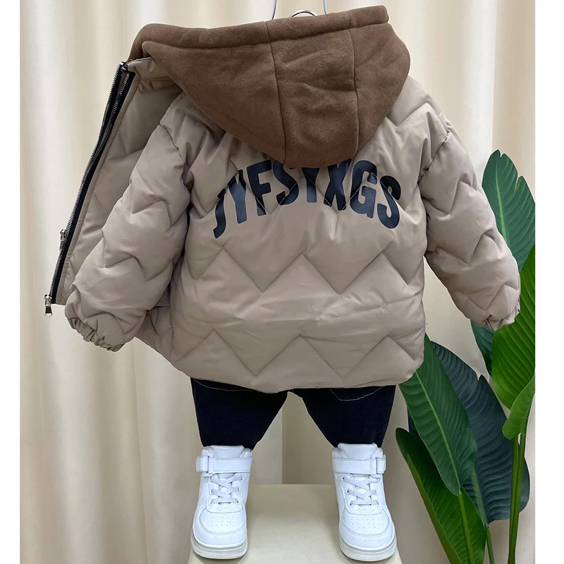 2024 Winter Boys Fake Two Pieces Jacket Lining Plus Velvet Thicken Keep Warm Hooded Windbreaker For 4-14Y Down Cotton Overcoat