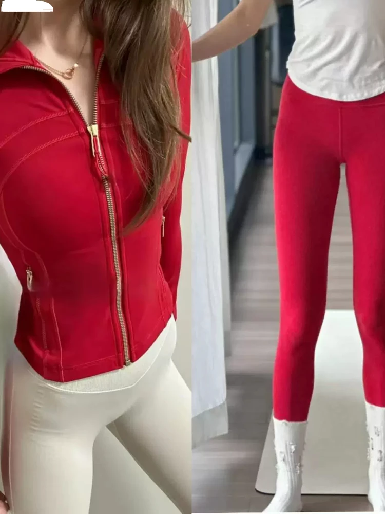 New Women's Sport Yoga Short Jacket Set Slimming Stand Collar Long Sleeve Nine Points Pants Fitness Clothing Yoga Outfit