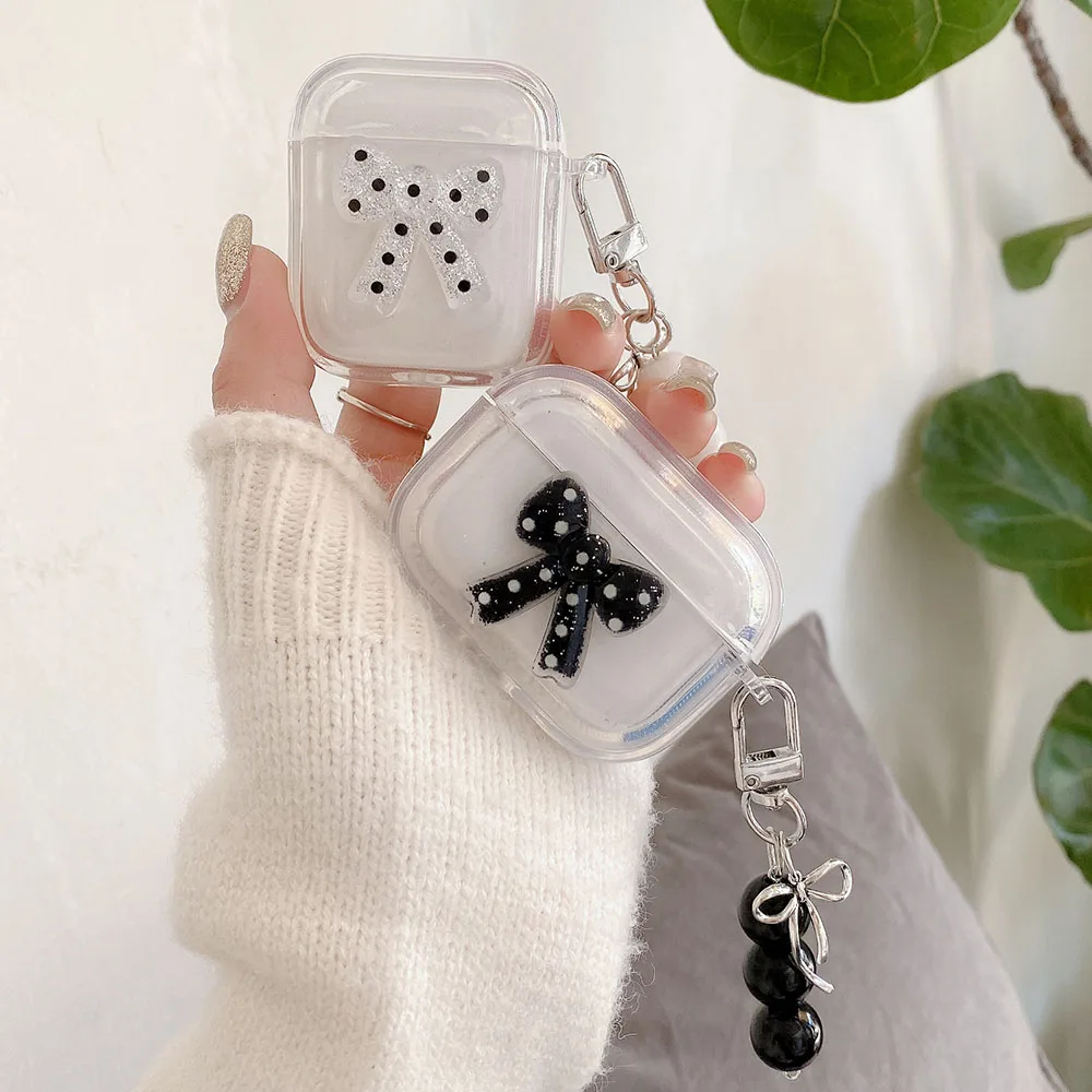 Polka Dot Bow Knot Transparent Case For AirPods 4 ANC Pro 2 Earphone Protecitve Cover For AirPods 1 2 3 4th Case with Keychain