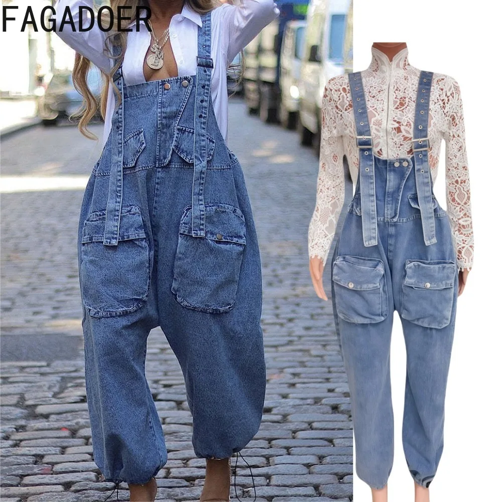 FAGADOER Y2k Fashion Denim Jumpsuits Women Solid Spaghetti Strap Cargo Pocket One Piece Rompers Female Streetwear Overalls New