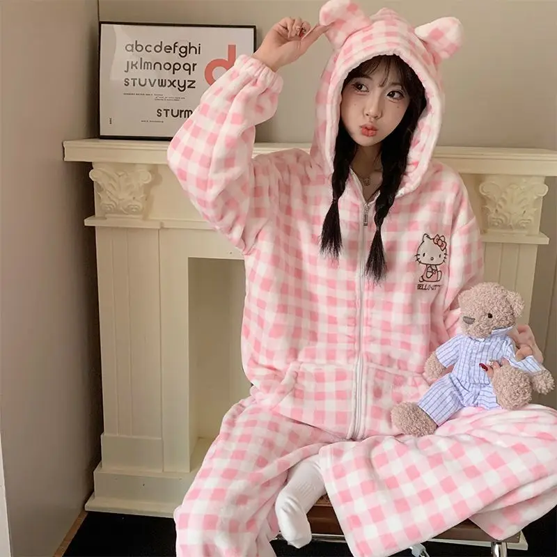 

Sanrio Hello Kitty Women's Flannel Hooded Pajamas Set Cartoon Cute Thickened Warm Zip Up Home Loungewear Sleepwear Winter