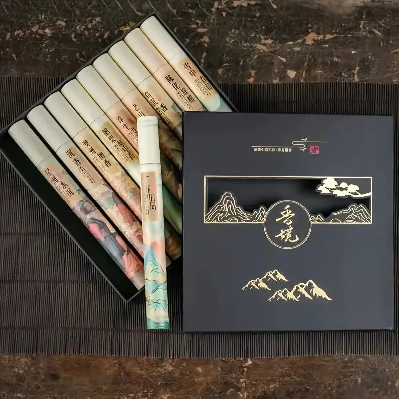400 Stück Natürliche Räucherstäbchen in Geschenkbox mit Tuschemalerei-Stil, Sandelholz, Agarholz, geeignet als Geschenk für Zuhause
