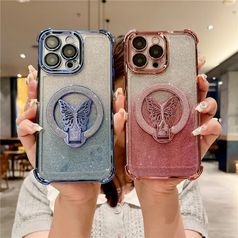 for iPhone 16 Plus Cover Gradient Glitter Magnet Butterfly Holder Shockproof Case for iPhone 16 Pro Max 15 14 13 12 11 X XR 7 8+