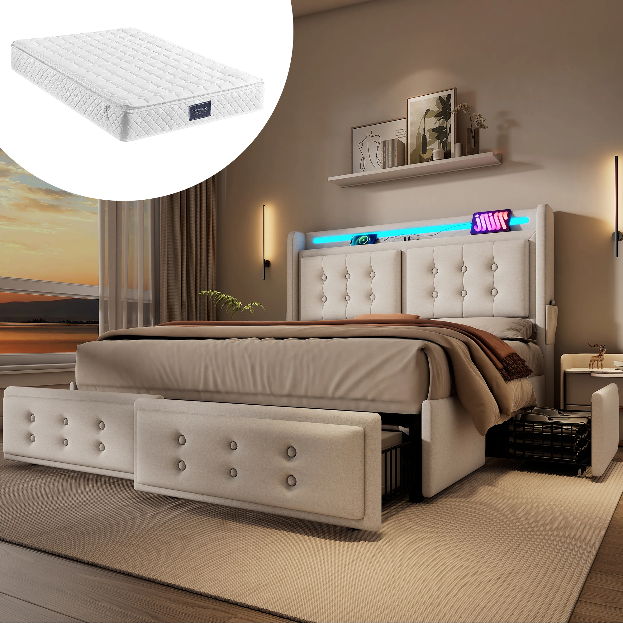 Upholstery bed 160x200 cm, double bed with LED headboard, USB-C and 4 drawers, storage bed, beige, mattress included