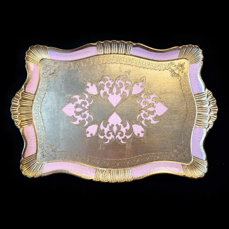 Hand Carved Gold Tray Vintage Serving Platter Decorative Charger Plate Wedding Gift Dining Table Centerpiece Baroque Home Decor