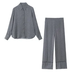 PB&ZA2024 Autumn New Women's Clothing Style Commuting Geometry Printed Silk Texture Shirt Wide Leg Pants Set