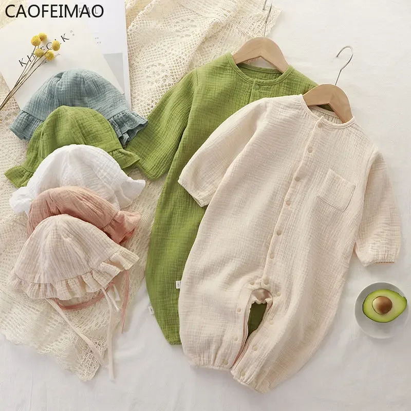 Caofeimao Baby Spring and Autumn New Climbing Clothes Newborn Long Hayi Cotton Solid Color Gauze Onesie Baby Summer Pajamas