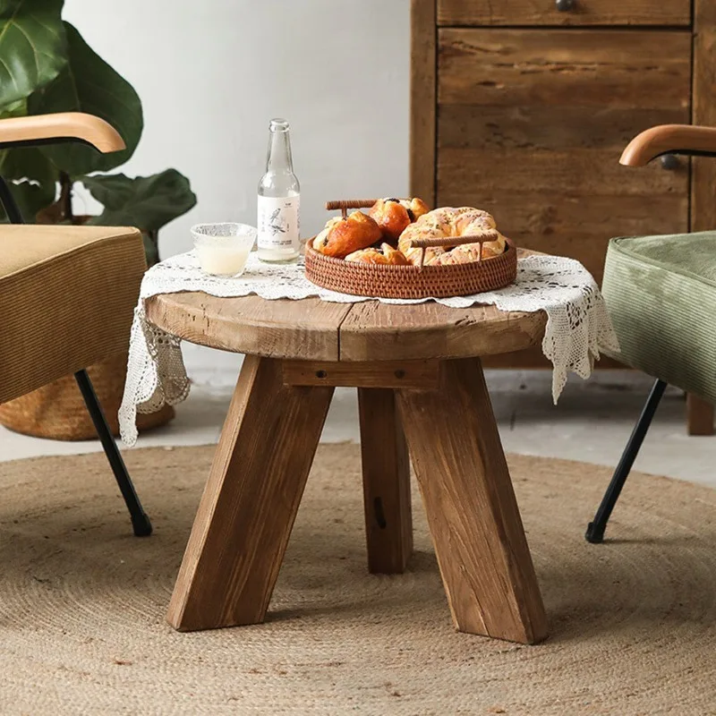 Wabi-Sabi Round Wooden Coffee Table Vintage Solid Wood Side Table Old Pine Nightstand for Farmhouse Rustic Accent Balcony Table