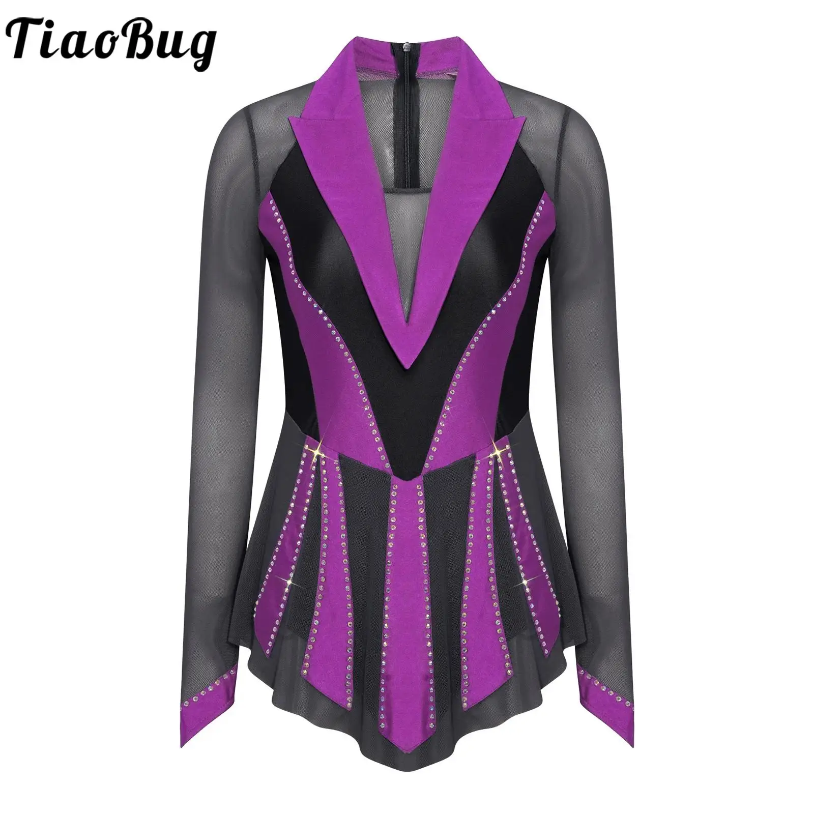 

Women Figure Skating Modern Waltz Dance Dress Bodysuit Glittery Rhinestone Lyrical Sheer Mesh Ruffled Ballet Ballroom Dance Wear