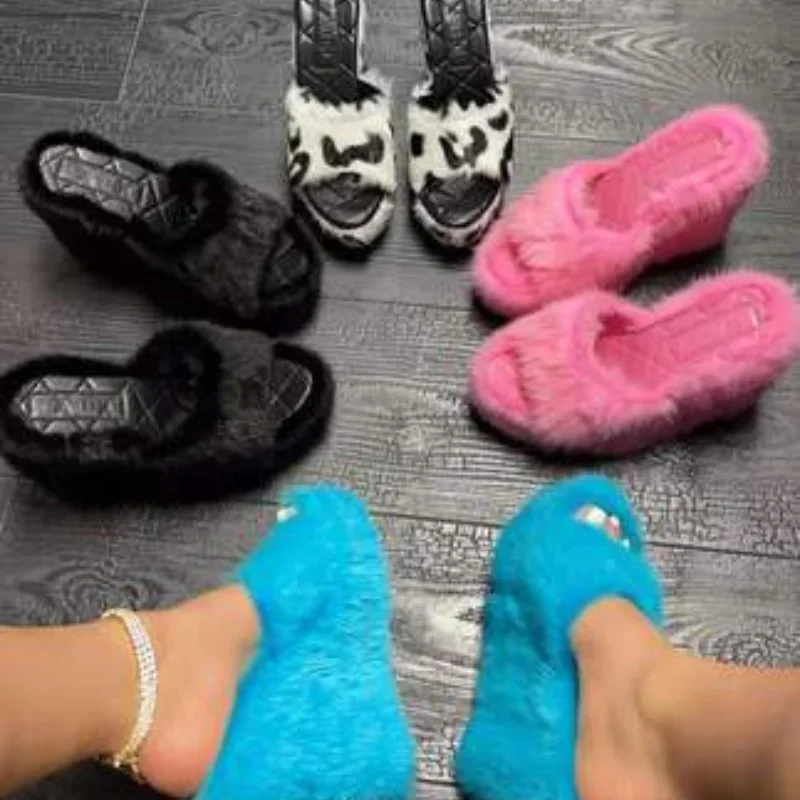 Brand Luxury new women feminine high-heeled fur drag outdoor all-match shoes slippers round head wedges with mink fur slippers