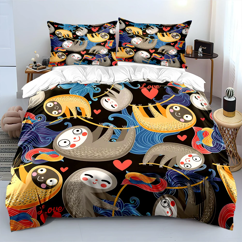 Bettwäsche-Set mit Cartoon-Faultieren und Herz-Hintergrundmuster, 1 Bettbezug, 2 Kissenbezüge für Erwachsene und Kinder, luxuriöses Geschenk in voller Größe