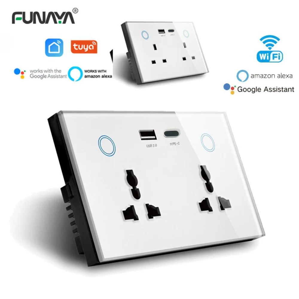 

Tuya WIFI Wall Sockets TYPE-C USB Universal UK Plug 2 Outlets,13A Power Touch Switch Wireless PD Charge with Alexa Google Home