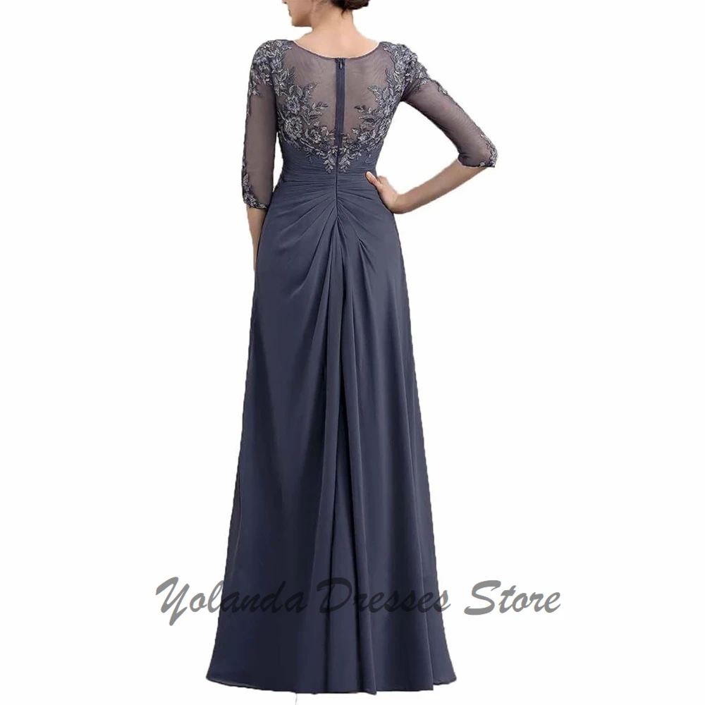 Classic Illusion Mother of The Bride Dresses Applique Lace 3/4 Sleeves O Neck Formal Evening Gown Floor Length Zipper Back Pleat