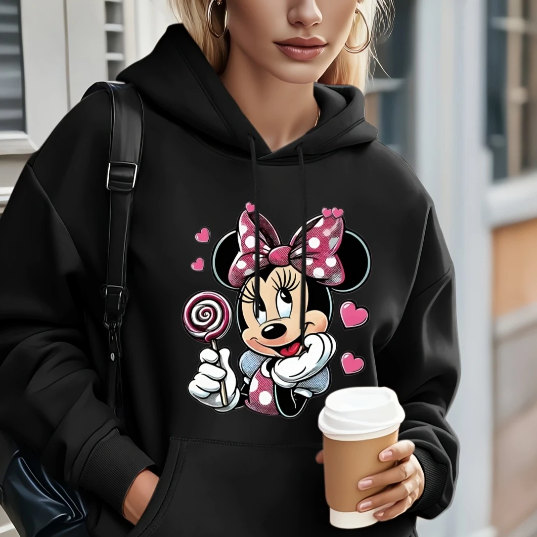 女性のディズニーかわいいミニーラブハートフリースパーカーコットンパーカースウェットシャツプルオーバー秋冬オーバーサイズ長袖トップ