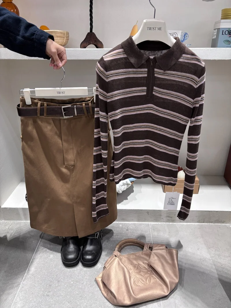 

Dongda Gate Autumn New Sle Women's Knitted Sweater Long Sve Overhead Color Blo Striped irt Vintage Faion