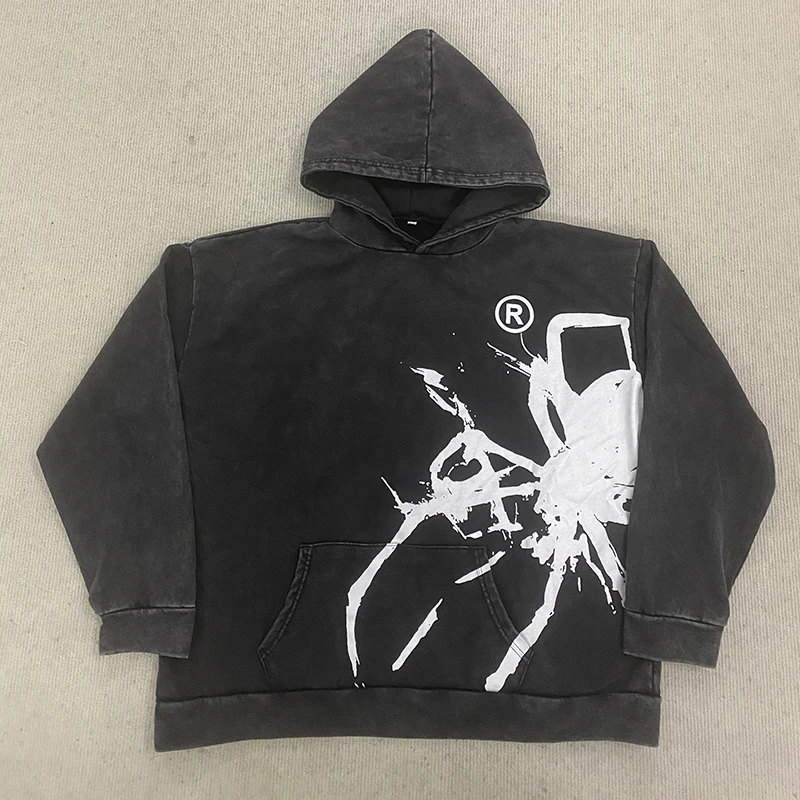 Gothic dark printed pattern washing old vintage cotton pullover sweater for men and women with the same paragraph 2026 new.
