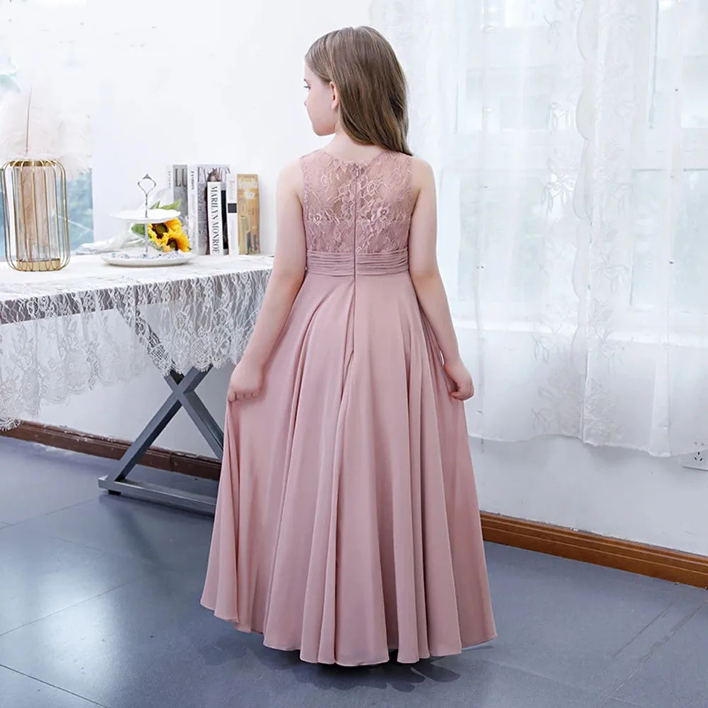 Kydynqj staubige rosa Chiffon Junior Brautjungfer Kleid 2024 ärmellose Spitze eine Linie lange Geburtstags feier Blumen mädchen Kleid