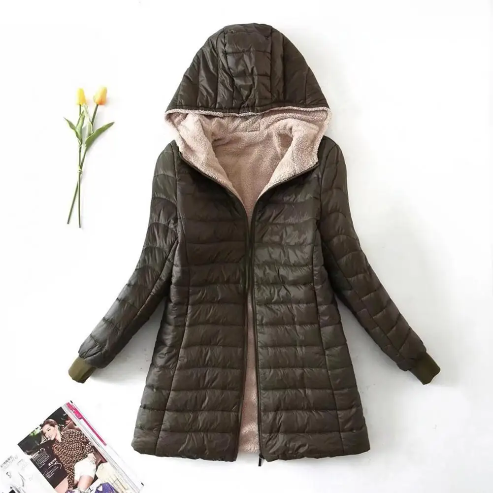 Winter Jacket Women Fashion Hooded Coat Winter Down Jacket Plush Lining Thermal Mid-length Jackets Warm Zipper Cardigan Coat