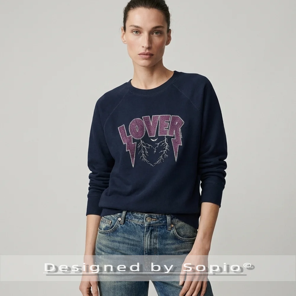 Felpa con strass grafica donna autunno inverno cotone manica lunga felpa ampia Pull Lady Fashion Pullover Streetwear 2026