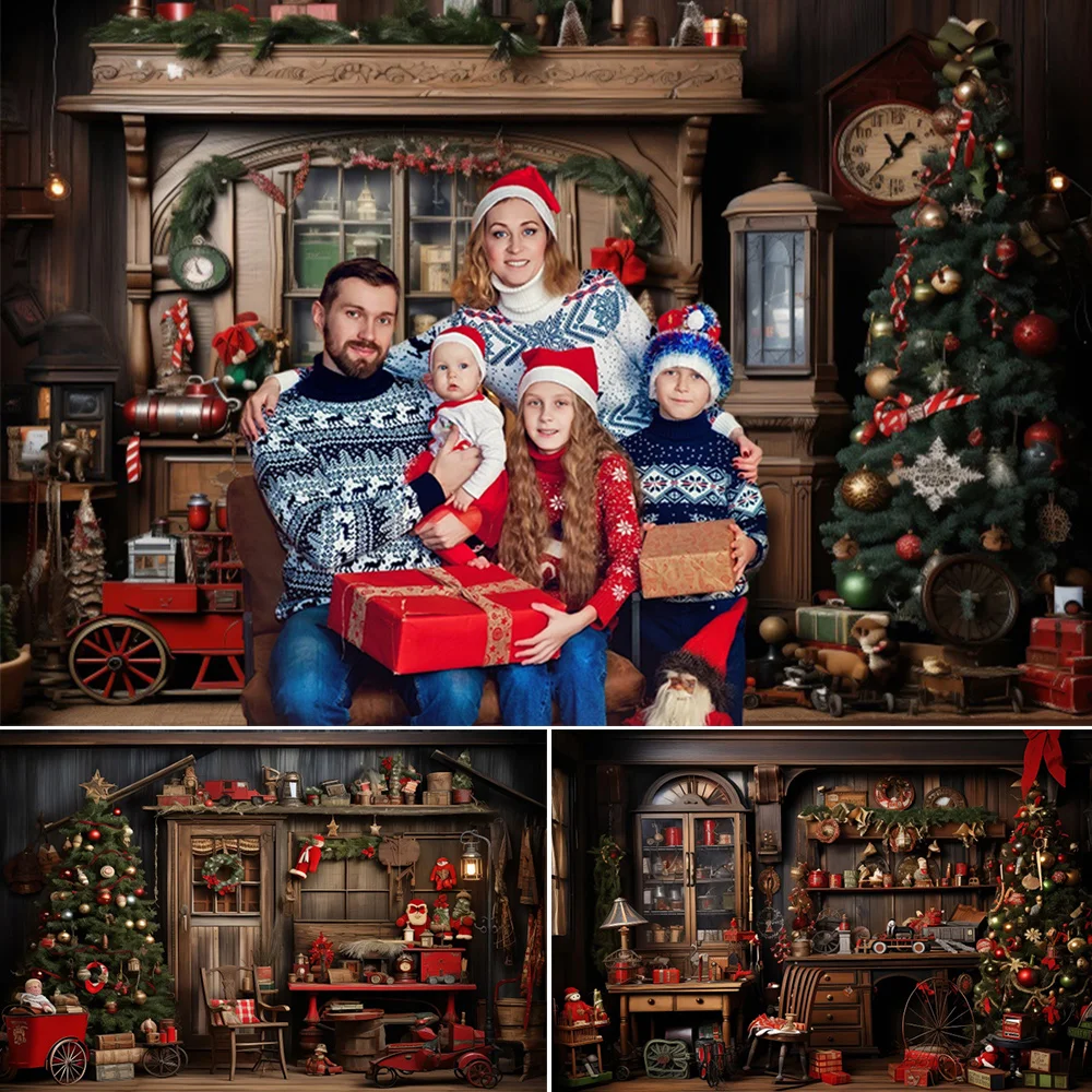 

Rustic Christmas Backdrop for Photography Wood House Xmas Tree Gift Santa Claus Family Party Kids Baby Portrait Background Decor