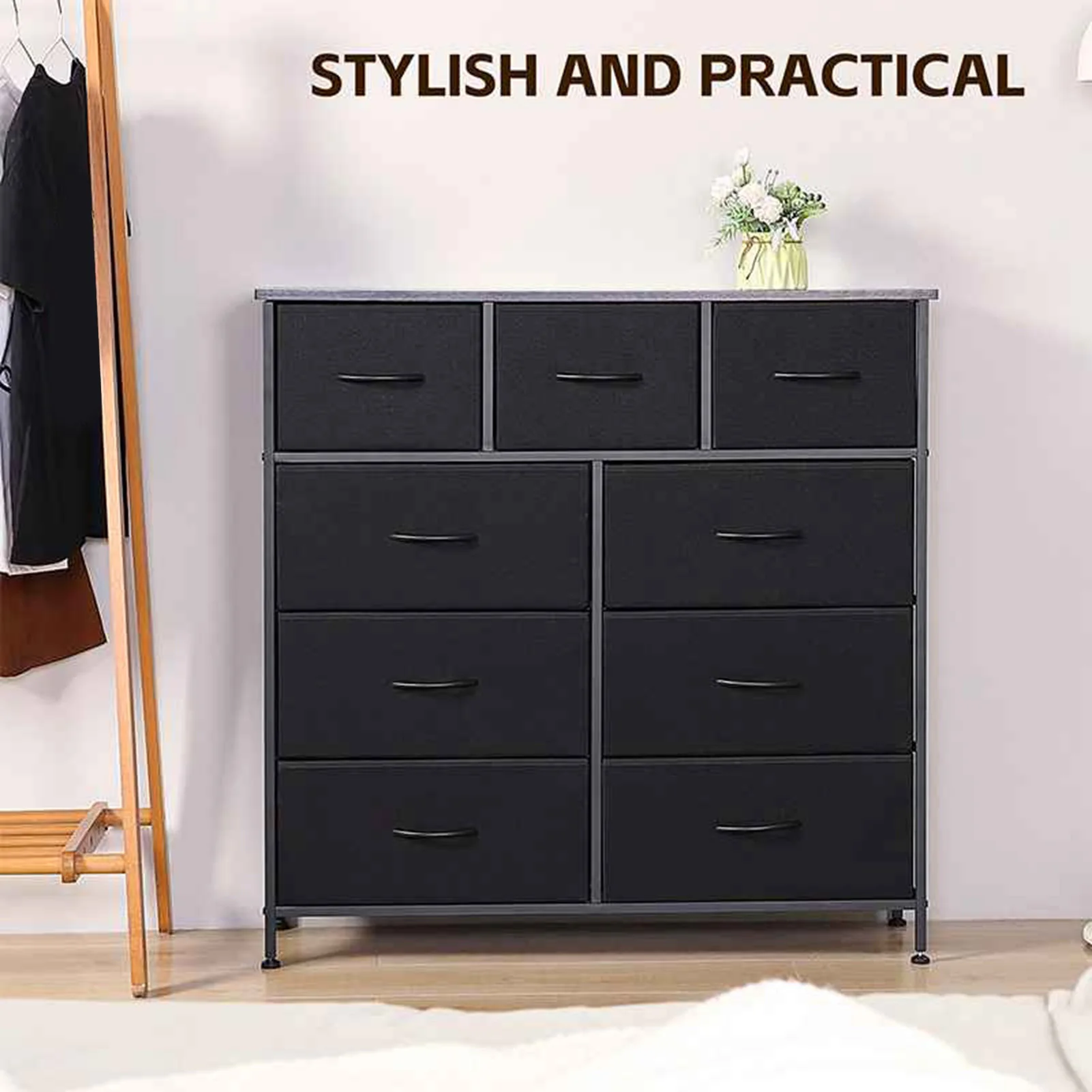 

9 Drawer Dresser Large Capacity Adjustable Feet Versatile Fabric Storage Tower For Bedroom Living Room Black 9 Drawer Dresser