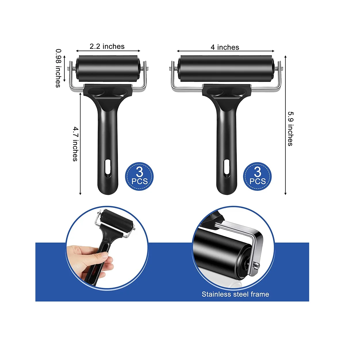 Rodillo de vinilo de 2,2 y 4 pulgadas, herramienta para imprimir, hacer manualidades artísticas, bloques de entintado, estampado, 6 piezas