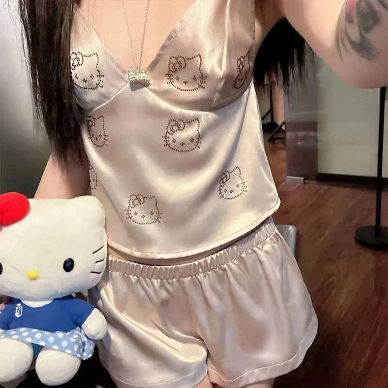 2 قطعة جديد مرحبا كيتي Kawaii ملابس المنزل حبال منامة مجموعة السراويل النسائية الحلو الصيف الحرير التبريد وسادة الصدر سترة الماس الساخن