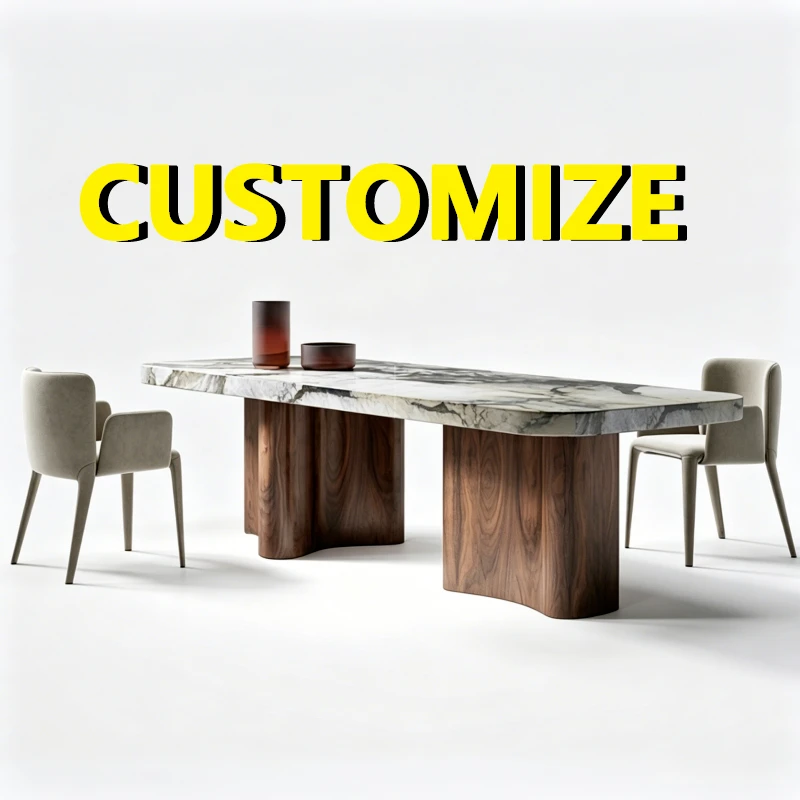 

Any Size Custom Extra Long Natural Marble Dining Table Solid Wood Base High End Scratch Stain Resistant Villa Dining Furniture