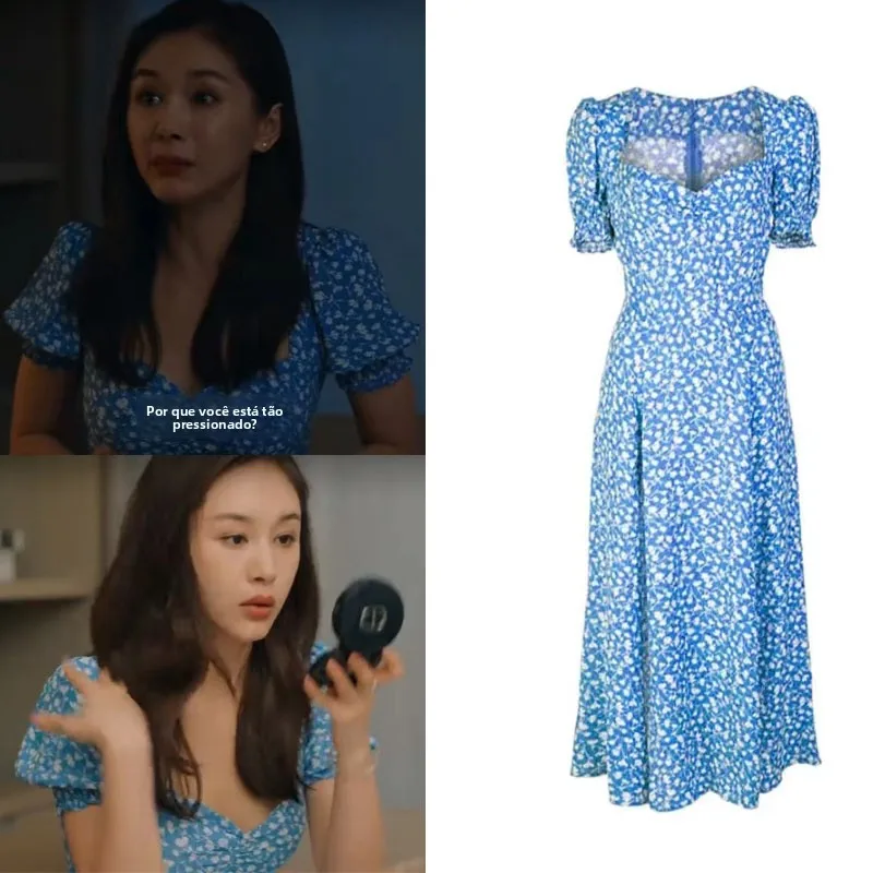 sweet-miss-and-cold-mr-prince-blue-floral-print-dress-high-waist-a-line-skirt-short-sleeve-elegant-style-for-city-commuting