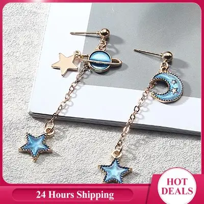 New Fashion Moon Star Earrings Blue Space Universe Circle Irregular Geometirc Long Drop Earrings Women Party Gift Dangle Earring