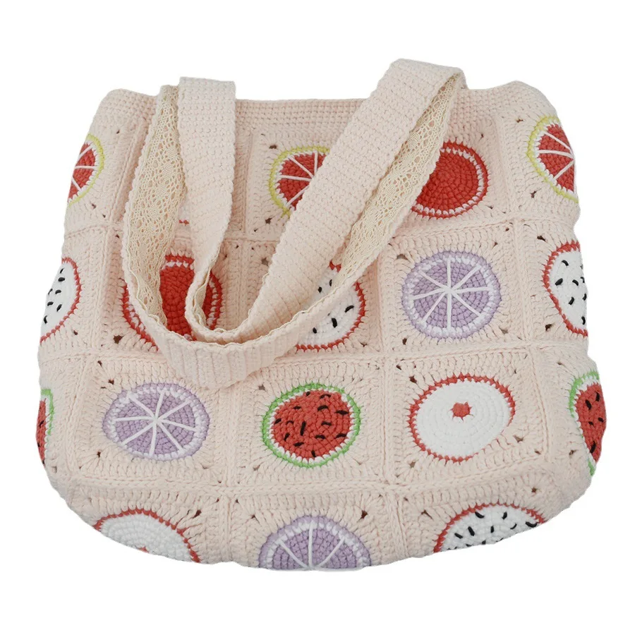 Sweet fruit pattern grandmother checkered shoulder bag, hand-woven wool women's bag, lemon bag crocheted finished product