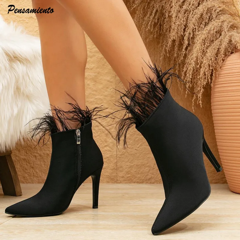 Fashion Faux Fur Lycra Women Anle Boots Elegant Pointed toe Thin High Heels Autumn Winter Chelsea Short Boots Shoes Botas Mujer