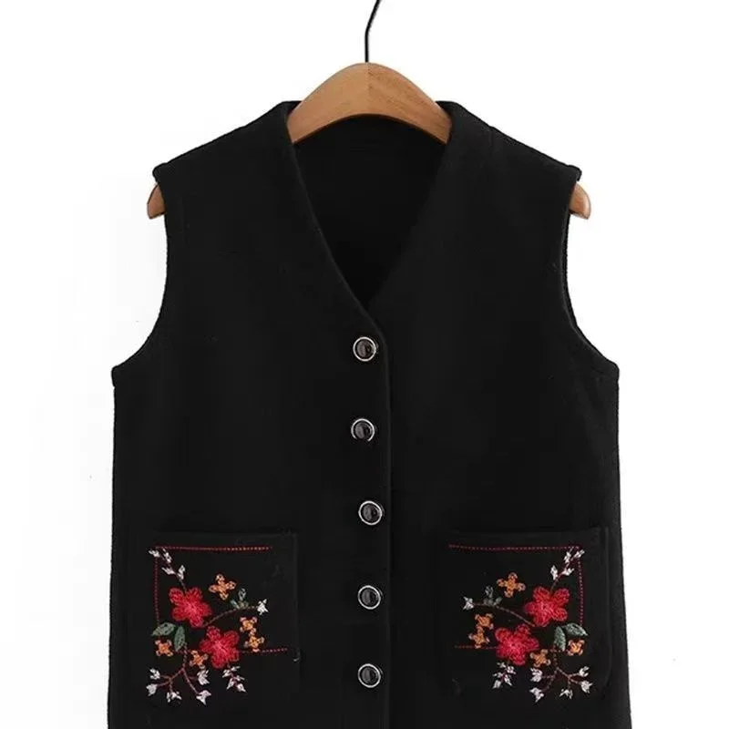 Retro Chinese Style Top Vest Women Modern Tang Suit Fall Winter Embroidery Buckle Clothes Waistcoat Jacket Ethnic Top