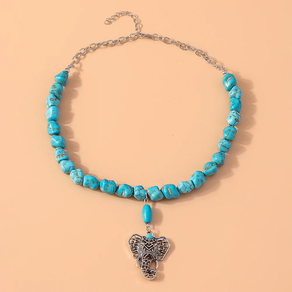 Aihua Böhmen Türkis Stein Elefant Halskette für Frauen Halsband Collier Vintage Ethnische Tibetische Silber Halsketten Schmuck – Detail 6