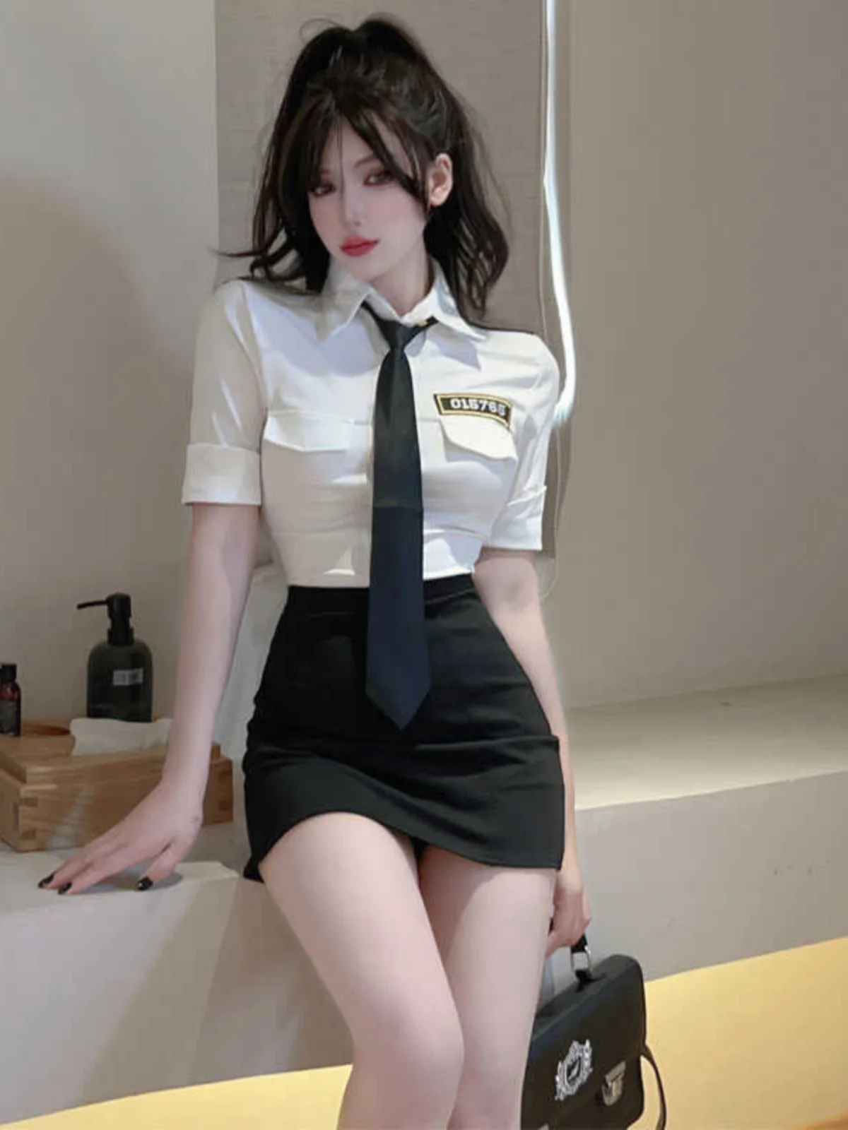 Sexy Air Stewardess JK Broadcast Professional Outfit Shirt + High Waist Butt Covering Skirt Work Uniform Set for Young Women