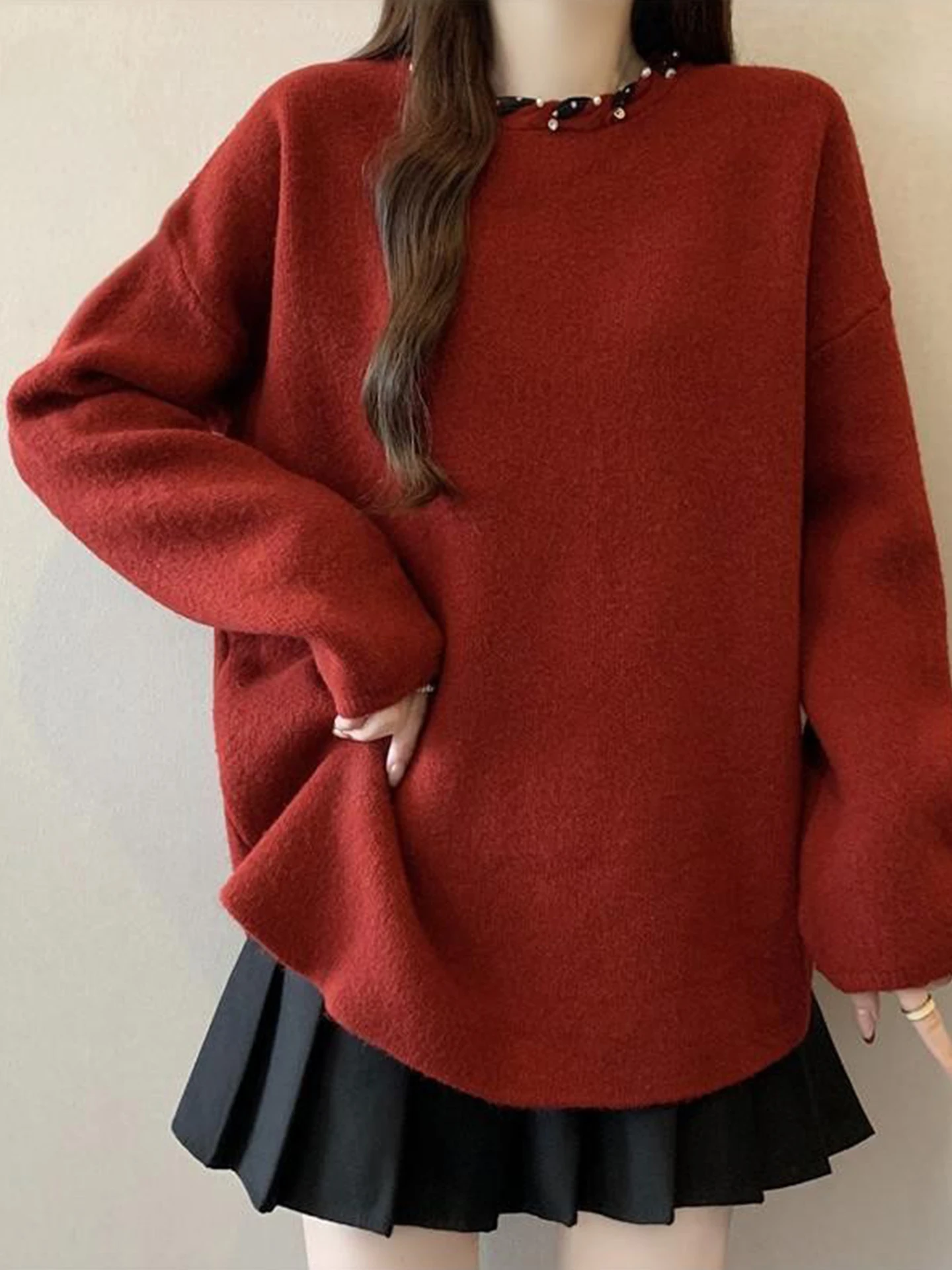 

Korean Laid-ba Sle Oversized Knit Sweater Women's Autumn Winter plus Size Loose Slimming Belly Covering High-End Feeling Top