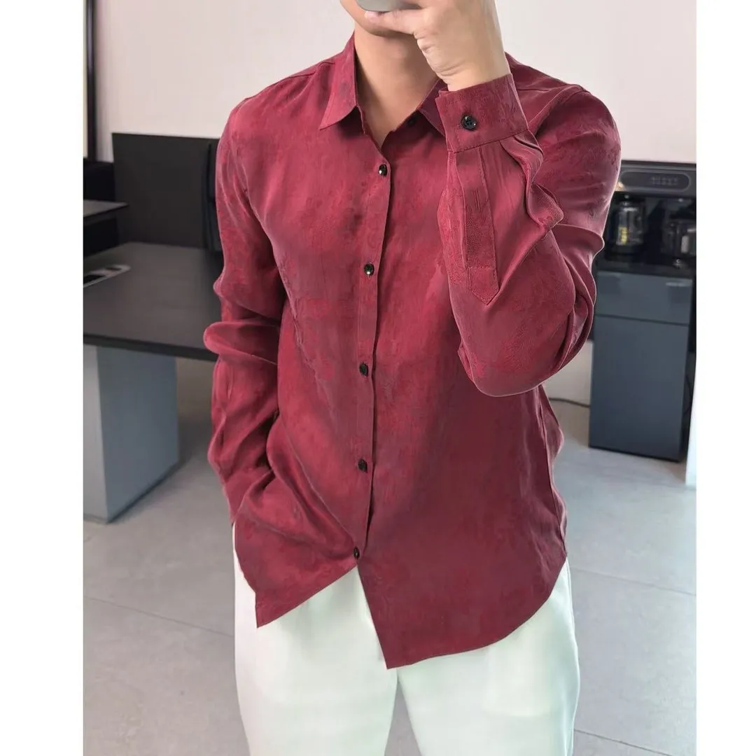 

Spring 2026 Men's Comfortable Long Sve Copper Ammonia Silk irt Loose Luxury Casual Sle Home Wear Stand Fit Pure Color
