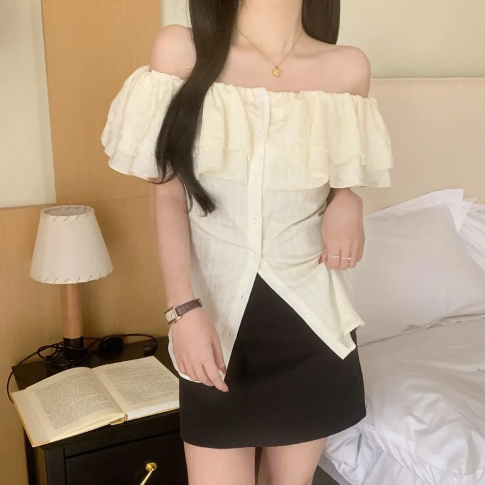 

Sweet Boat Neck Off Shoulder Tops Ruffle Shirt Beige Short T-shirts Thin Ins Style Y2K Short Sleeves Tops Clue