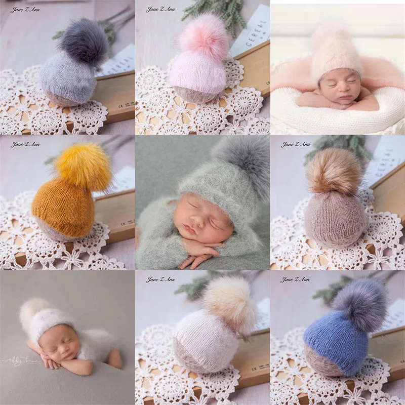 

Newborn photography hat mink hair ball cap baby 100 days photo studio picture shooting twins props handmade wool may fall