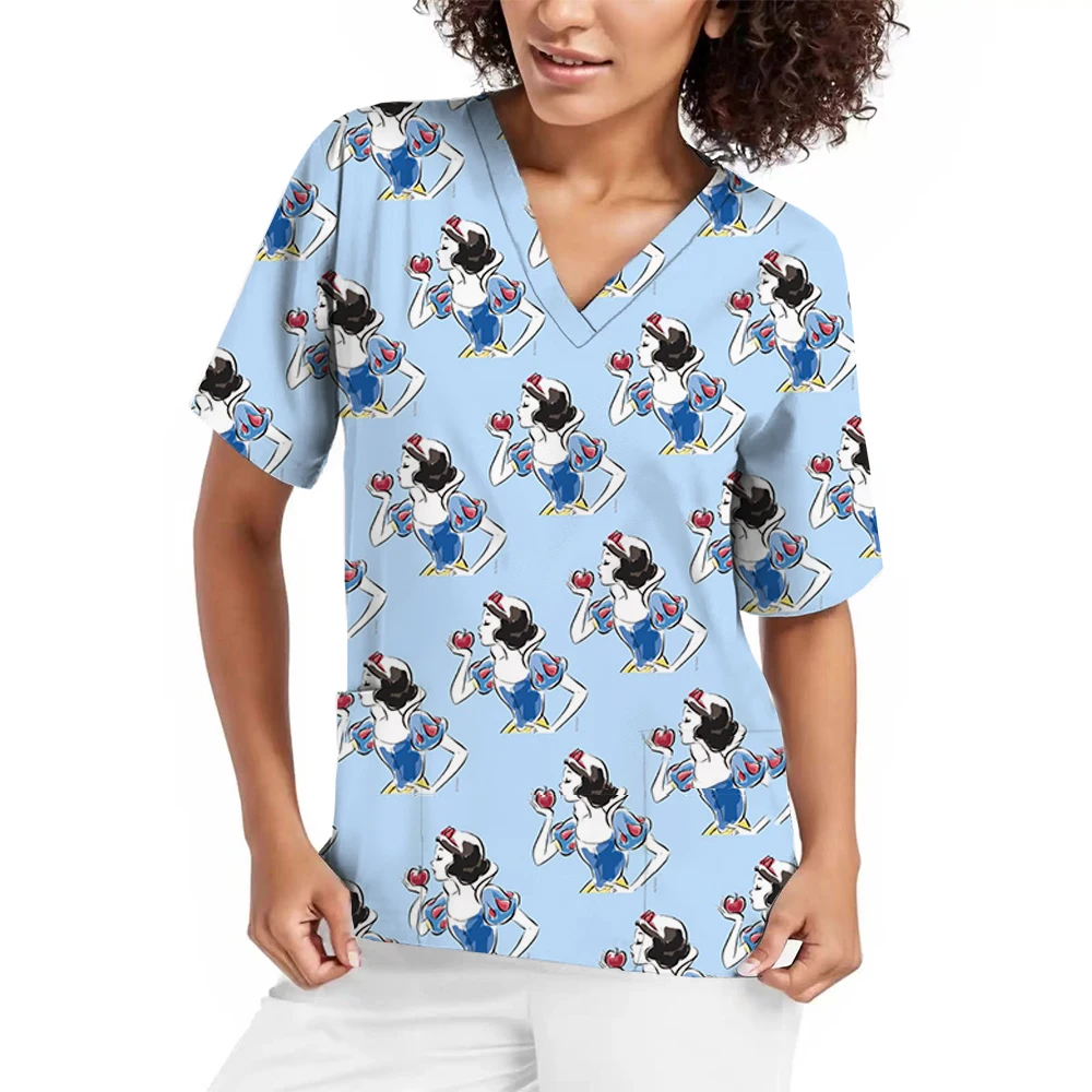 Uniforme d'Infirmière Imprimé Princesse Disney pour Femme, Robe Génératrice à Col en V, Vêtements de Travail à Manches Courtes pour Clinique Dentaire, Blanche Neige, Hôpital pour Animaux de Compagnie